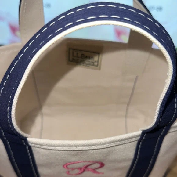 L.L. Bean mini Boat and Tote- Navy and Cream with Rancho Rose Pink Monogram - Picture 5 of 6